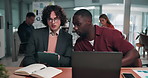 Business people, coaching and team in discussion with laptop and intern in creative startup. Coworking, training and manager with tech for learning, planning and event coordinator on tablet for notes