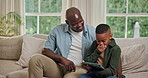 Happy, tablet and dad with child on sofa for bonding with online game, internet and connection. Family, home and African father with boy on tech for educational app, playing and relax on weekend