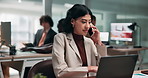 Businesswoman, laptop and talk in office phone call, data analysis and finance document for advice. Coworking, person and financial advisor speaking with tech, contact and graphs for stats paperwork.