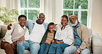 Grandparents, parents and face of child on sofa for generations, bonding and relationship. Black family, portrait and senior people with mom, dad and boy hug for love, happy and weekend visit in home