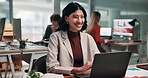 Happy, professional and face of businesswoman with laptop in office with stock market investment. Smile, about us and portrait of financial manager with computer for budget review in workplace.