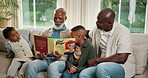 Grandfather, dad and reading book with children in home for bonding, storytelling or support. Black family, grandkids and grandparent on couch for development, language and together for knowledge