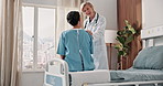 Hospital, doctor and support for patient after surgery, talk and explaining health report on tablet. Clinic, healthcare and happy person with tech for test results, recovery process and discussion