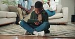 Son, tablet and black child with parents fighting in home for argument, conflict or divorce. Kid, ignore or playing with technology, mom or dad in disagreement for break up, separation or dispute