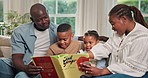 Parents, kids and reading book for bonding in home with literature, storytelling or support. Black family, children and relax on couch for literacy development, language or conversation for knowledge