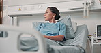 Thinking, woman and rest on bed at hospital, vision and anticipation for surgery recovery. Thoughts, mature person and patient in icu ward with reflection, inpatient and healthcare for rehabilitation