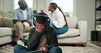 Stress, tablet and black child with parents fighting in home for argument, conflict or divorce. Kid, son or headphones with technology, mom or dad in disagreement for break up, separation or dispute