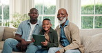 Father, grandparent and child with face and tablet in living room of home together for visit. Black family, tech or social media app with grandfather, dad and son in house for generations or portrait