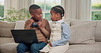 Share, siblings and children on sofa with laptop for online movies, streaming and watching cartoon. Family, happy and African kids on computer for internet, subscription and videos on weekend in home