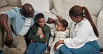 Children, comfort and black family in home for weekend, bonding or childhood development together. Mom, dad and chilling with kids, siblings or connection for interaction, holiday or break in house
