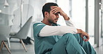 Stress, man and nurse in hospital for worry, crisis or grief of patient with burnout pressure. Upset, bad news and healthcare worker in clinic with mistake, disappointment or fail on medical service.
