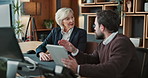 Lawyer, meeting and business people on tablet for legal strategy, case study and research in office. Law firm, team and woman with attorney on tech for online report, planning or consulting for trial