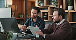 Tablet, collaboration and business men in office with research for finance report with budget plan. Digital technology, discussion and team of financial advisors with investment review in workplace.