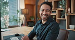 Realtor, face and man in office with computer, laugh and smile for rental or property seller. Happy, portrait or real estate agent in agency with funny joke, about us or positive in housing industry