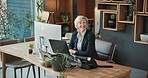 Real estate, face or woman in office with laptop, smile and ambition as property seller. Happy, portrait or mature realtor agent in agency with pride, about us or confidence in housing industry