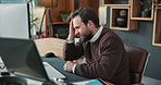 Headache, stress and business man on computer for frustrated, pressure and financial crisis. Corporate, tired and person with head pain, migraine or overwhelmed for failure, mistake and finance audit