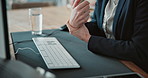 Laptop, hands and business woman with wrist pain in office for muscle tension, pressure or overworked. Deadline, female analyst and finance report with inflammation, carpal tunnel or joint ache