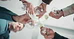 Below, toast and business people with champagne in circle for success, deal closure and victory. Corporate, team and workers with alcohol, cheers and celebrate for achievement, support and milestone