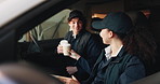 Logistics, team or people with coffee break in van for package inspection, shipment or delivery. Supply chain, cargo transport or friends with beverage in vehicle for distribution and conversation