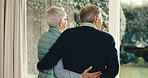 Hug, window and back of senior couple in home with reflection, reminder or memory of retirement. Bonding, love and elderly man with woman for nostalgia in marriage with connection in apartment.