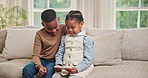 Happy, siblings and children on sofa with phone for online movie, streaming and watching cartoon. Family, home and African kids on cellphone for internet, subscription and videos on weekend together
