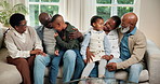 Happy, generations or black family with children in home for bonding, weekend or time on sofa. Dad, mom or grandparents with smile, kids or siblings for holiday, vacation or comfort together in house