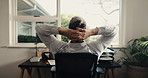 Man, relax and stretching in home office with remote work, complete finance admin task or finish job. Back, contractor and male person done with financial audit, bookkeeping and rest by house window.