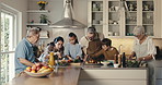Cooking, ingredients and big family in kitchen at house for bonding, care and learning culinary skills. Happy, growth and children with grandparents and parents for preparing dinner, meal or supper.