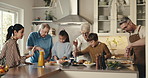 Cooking, family and help for thanksgiving in kitchen, conversation or kids learning with generations. Grandparents, mother and father with children for meal, holiday food or lunch preparation in home