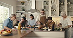Cooking, smile and big family in kitchen at house for bonding, care and learning culinary skills. Happy, connection and children with grandparents and parents for preparing dinner, meal or supper.