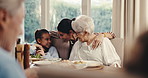 Celebration, generations and people with hug, family lunch and loving moment in happy relationship. Senior mother, woman and child with embrace, social gathering and bonding together with home feast.