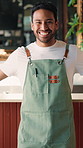 Hospitality, face and man in cafe with laugh, bistro profession and pride as small business owner. Happy, confidence or startup founder with humor, restaurant worker  or about us in catering industry