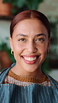 Hospitality, happy and woman in cafe with face, barista profession and pride as startup founder. Laugh, confidence and small business owner with portrait, restaurant worker and about us in catering.