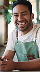 Hospitality, face and man in cafe with phone, bistro profession and pride as small business owner. Happy, confidence or startup founder with laugh, restaurant worker  or about us in catering industry