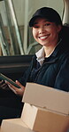 Logistics, face or courier in van with tablet, delivery worker or confidence in dispatch profession. Happy, supplier or woman with tech, package distribution or about us in supply chain industry.