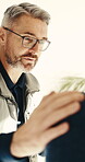Advice, healthcare and physiotherapist man in office with hand on shoulder of patient. Accident, comfort and medical consulting of chiropractor talking to client in clinic for healing or therapy