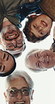 Below, face and family in nature with smile, love and bonding together on holiday reunion. Portrait, parents and grandparents outdoor with child, people and generations gathering on vacation getaway