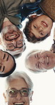 Below, face and family outdoor with smile, love and bonding together on holiday reunion. Portrait, parents and grandparents in nature with child, people and generations gathering on vacation getaway