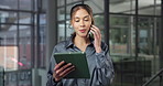 Phone call, tablet and businesswoman in office with communication for feedback on investment. Cellphone, digital technology and financial manager on mobile discussion for advice on finance report.