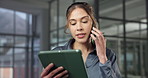 Phone call, tablet and businesswoman in office with contact for feedback on investment proposal. Cellphone, digital technology and financial manager on mobile discussion for advice on finance report.