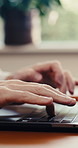 Laptop, typing or hands in office for email, risk assessment or asset management report. Computer, keyboard or person in company for financial review, research draft or project information on website