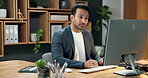 Business, review or man in office with computer, expense analysis or research on funding pitch. Reading, digital or finance advisor with tech, budget control or strategy report in investment proposal