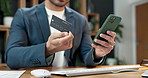 Credit card, phone and hands in office for payment, financial investment and ecommerce purchase. Debit, typing and man with mobile for business expense, online shopping and  internet banking budget