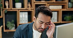 Headache, mistake and businessman with computer in office with deadline for finance report. Technology, stress and financial manager with migraine for error on investment proposal in workplace.