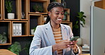 Woman, typing and laugh in office with phone, send funny text message and internet for social media. Happy, black person and break in workplace with tech, online meme and post joke in business chat.