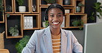 Face, computer and happy woman in call center, help desk and customer service consultant in office. Headset, black person and support agent with tech, pride and contact us for assistance with smile