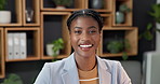 Face, smile or black woman in company with computer, about us or confident sustainability consultant. Career growth, happy person or professional with desktop, eco friendly advisor or CSR in business