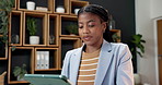 Business, black woman and reading in office with tablet, research and email buyer for real estate. Person, realtor and typing in workplace with tech, property pricing and schedule viewing for auction