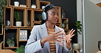 Business, video call and black woman in office with computer for communication or finance webinar. Headphones, professional and financial manager with tech for online meeting and investment planning
