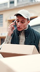 Frustrated, delivery man or phone call with box outdoor for wrong address, order delay or logistics. Van, worker and stress on mobile chat for shipment mistake, difficult building access and transit